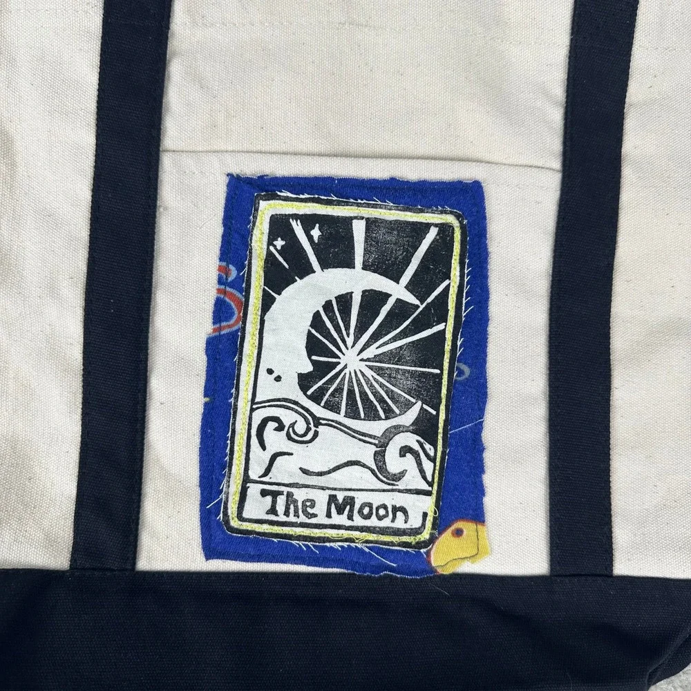 The Moon Tarot Card Canvas Tote Bag Black Celestial Linocut Handmade Shopper